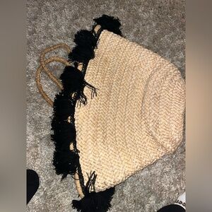 Woven Straw Tote with Black Fringe